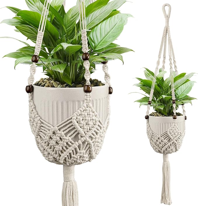 Macrame Plant Hanger - Fits 3 to 6 inches Pots for Indoor Outdoor, 35 Inch, Set of 2, Ivory (POTS NOT Included) IDEEEPAN