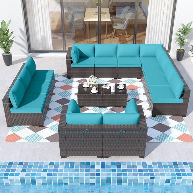 ALAULM Patio Furniture Set with Coffee Table, 14 Pieces Outdoor Sectional with Wide Seat and Thick Cushion, All Weather Wicker Rattan Conversation Set for Backyard, Garden, Deck, Turquoise ALAULM