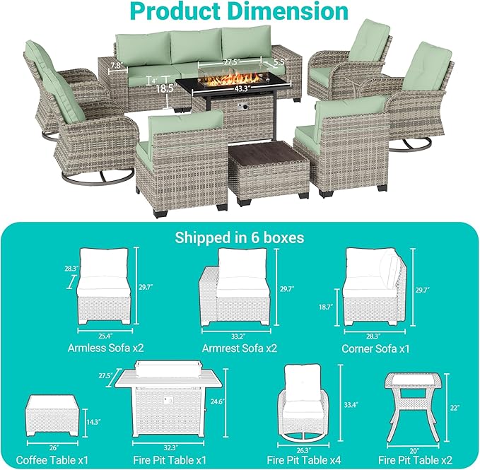 13-Piece Outdoor Patio Furniture Set with Rocking Swivel Chair, PE Wicker Rattan Sectional Sofa Patio Conversation Set with 55,000 BTU Fire Pit Table & Coffee Table, Light Green MuphyersPatioFurniture