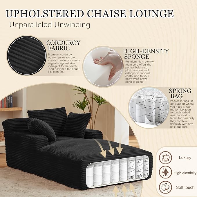 80 Inch Chaise Lounge Chair Indoor, Oversized Corduroy Upholstered Boneless Sofa Bed, Deep Seat Sleeper Couch Reading Chairs, Cloud Sofas Couches for Living Room, No Assembly Required (Black) HANXIN
