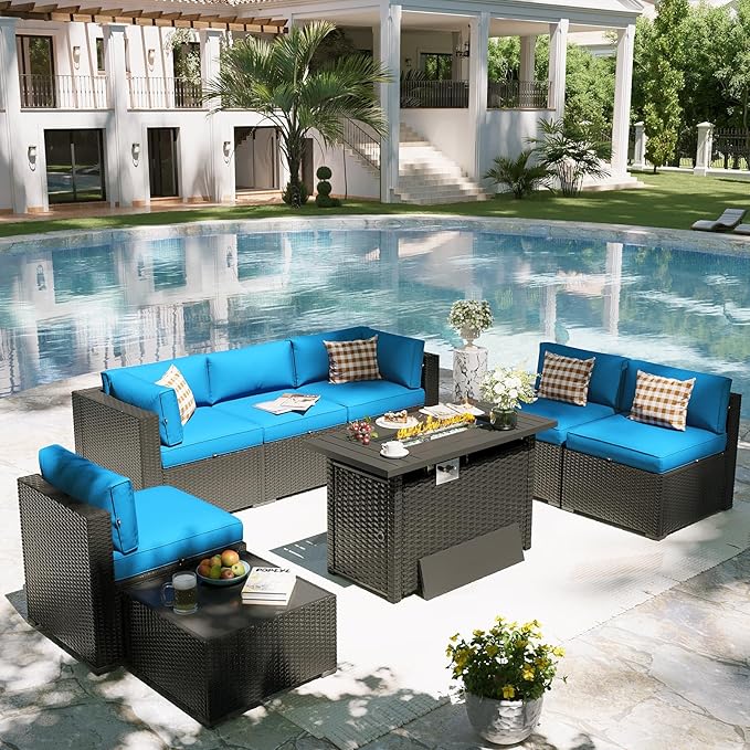 Aoxun Patio Furniture Set with Fire Pit Table, 8 Piece Outdoor Sectional Sofas, Wicker Rattan Outdoor Furniture with Thickened Cushion for Backyard, Garden Peacock Blue Aoxun