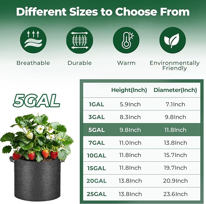 T4U 5 Gallon Grow Bags, Upgrade Grow Bags with Handles, Heavy Duty Thickened Nonwoven Fabric Pots, 5 Gallon Pots for Plants, Strawberry, Cherry Tomatoes (10 Pack) T4U