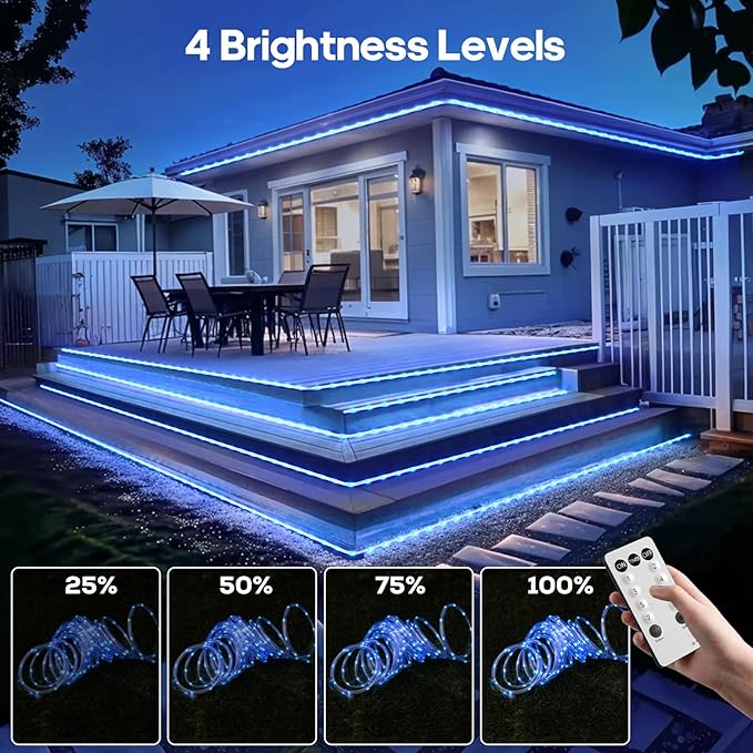 100Ft 720 LED Rope Lights Outdoor Waterproof with Remote, 8 Modes and 4 Brightness Blue Rope Lights for Outside, Garden, Patio, Pool, Bedroom, Party, Indoor Outdoor Decoration (Blue) Soiarllt