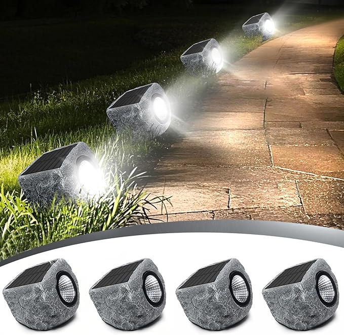 Solar Rock Lights Outdoor 4 Pack, Bright Solar Spotlights Outdoor Waterproof, Wireless LED Rock Lights, Auto On/Off Landscape Spotlights Walkway Solar Lights for Outside Yard Patio Pathway Flowerbed Timeflies