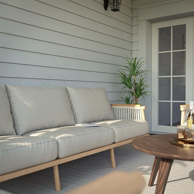 Acanva Modern All-Weather Aluminum Outdoor Patio Sofa with Thick Cushions, Olefin Fabric Sunroom Backyard Furniture, Couch Light Khaki acanva