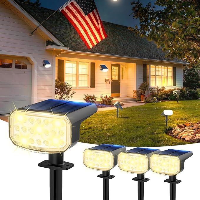Solar Lights Outdoor Waterproof IP65, Super Bright LED with Lens, 3000K 2 Lighting Modes, Solar Powered Yard Garden Solar Spot Lights for Outside Landscape Auto On/Off -4 Pack JEJOT