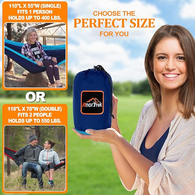 Camping Hammock, Super Lightweight Portable Parachute Hammock with Two Tree Straps Single or Double Nylon Travel Tree Hammocks for Camping Backpacking Hiking AnorTrek