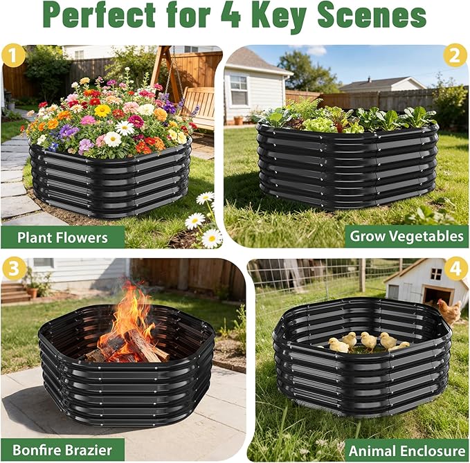 Hexagon Raised Garden Bed, 48 Inch Diagonal & 16.5 Inch Tall, Galvanized Steel Planter Box with Wave-Shaped Metal Panels for Outdoor Flower,Tree,Herb & Vegetable Garden (Black, 4FT X 1.5FT) Rootora