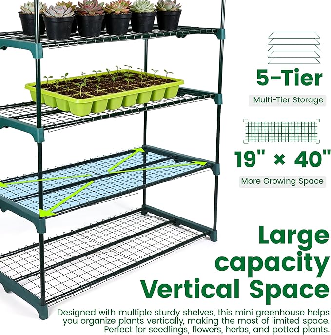 Worth Garden 50% Extra Wide Mini Greenhouse 5 Tier Portable Plant Green House 40in Wide -Sturdy Gardening Shelves with PVC Cover - Indoor & Outdoor Wheatgrass Growing - 19″x40″x75″ WORTH
