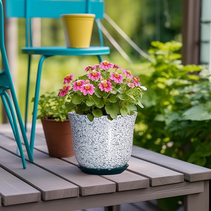 5.6 Inch Plant Pot - Ceramic Plant Pots for Indoor Outdoor, Round Orchid Succulent Pots with Drainage Hole and Saucer, Modern Flower Pot, Home Office Decor, Green-White SUNPOTFOR