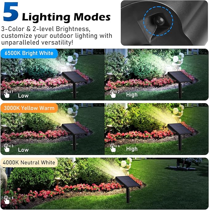 Solar Lights Outdoor, 5 Working Modes Solar Powered Spotlights for Yard, Waterproof Outside Solar Landscape Lights with 3 Color Temperatures, Bright LED Outdoor Lights for Garden Tree Pathway, 8-Pack TOBUSA