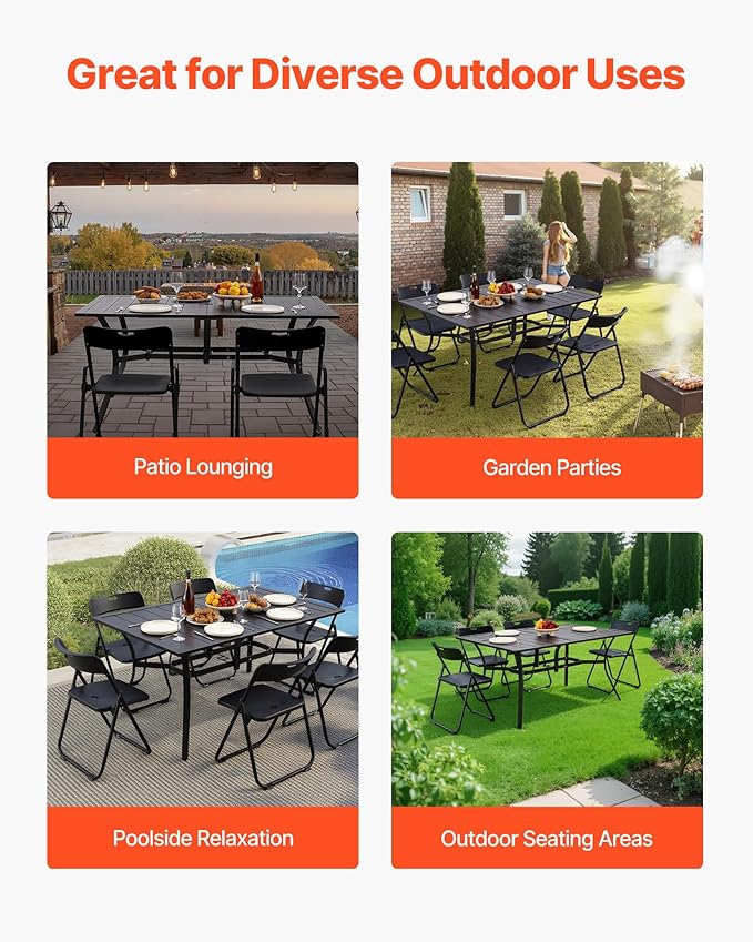 VEVOR Outdoor Patio Dining Table, 59 inch Long Rectangular Metal Steel Slat Backyard Bistro Tables for 4-6, with 1.5 in Umbrella Hole, All-Weather Large Furniture for Lawn Garden Porch, Black VEVOR