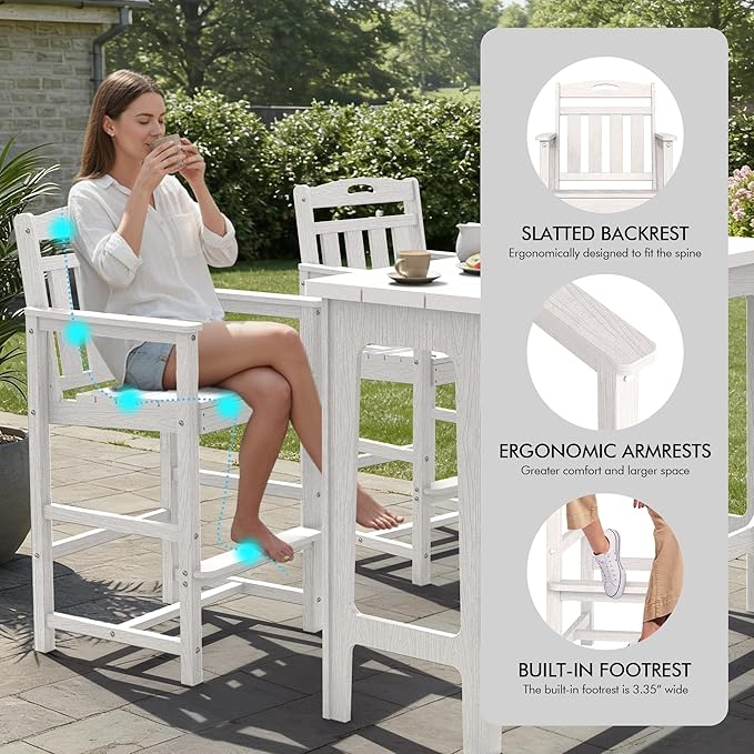 Ciokea 3 Pcs Outdoor Bar Height Table Set, 60" Extra Long Rectangle High Top Table and 2 Oversized Adirondack Chairs Set, Heavy-Duty All-Weather HDPE Patio Bar Set for Backyard Balcony Deck, White CIOKEA