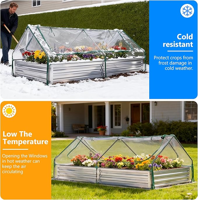 DUMOS Raised Garden Bed with Cover, 8x4x1ft Planter Box Outdoor for Deep-Rooted Herbs/Flowers/Vegetables, Extra Large Metal Garden Bed Mini Greenhouse for Patio, Balcony and Backyard, Silver DumosLifestyle