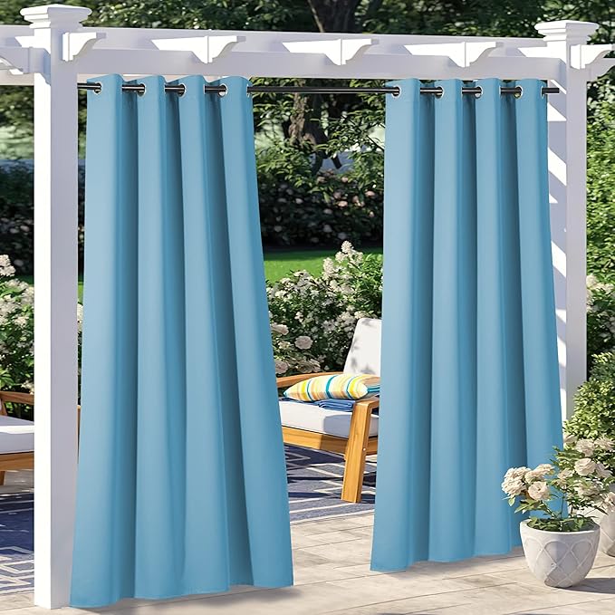 NICETOWN Outdoor Curtains for Patio Waterproof Set of 2, Silver Stainless Steel Grommet Blackout Weighted Outdoor Indoor Drapes Thermal Insulated for Balcony/Pool, W52 x L84, Teal Blue NICETOWN