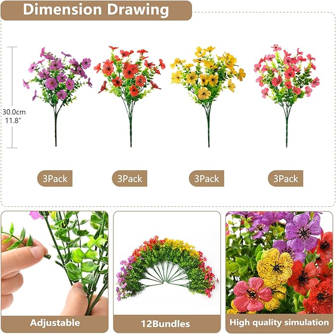 Artificial Flowers Faux Plants Outdoor Fake Flowers Spring Decor,12 Bundles Outdoor Flower Plastic Plant Colorful Daisy UV Resistant for Porch Patio Yard Garden Pot Planters ZFProcessArtificialFlowers