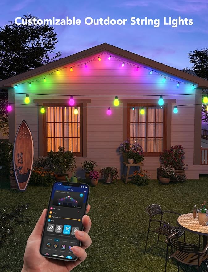 Govee Smart Outdoor String Lights H7016, 96ft RGBIC Outdoor Lights with 30 Dimmable LED Bulbs, IP65 Waterproof, Color Changing Warm White Lights with 47 Scene Modes for Patio, Backyard, App Control Govee