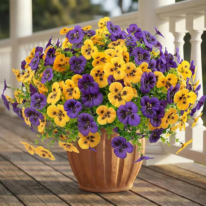 36 Pcs Artificial Fake Pansy Flowers for Outdoor, Faux UV Resistant Silk Pansies Flowers for Outside Planter Front Door Porch Yard Patio Window Box Home Decor (36, Yellow,Purple) RowfadFlora