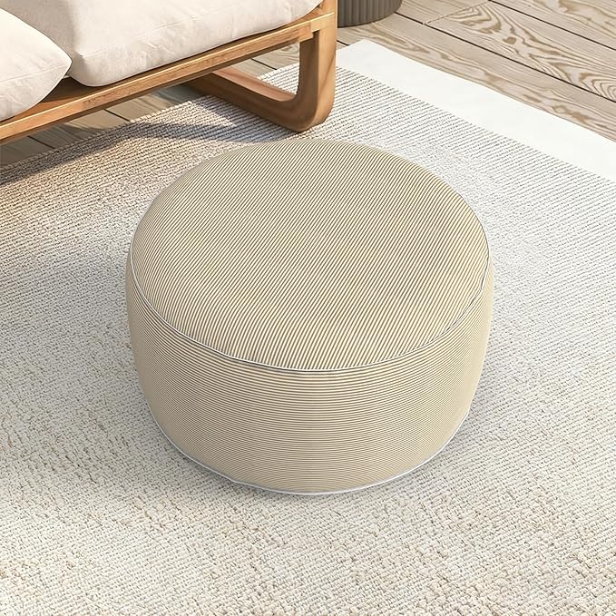 LVTXIII Indoor/Outdoor Extra Large Inflatable Ottoman Pouf D31 x H14 Inch, Round Footstool with Handle, Weather-Resistant Portable Furniture for Patio, Camping, Beach, Stripe Beige LVTXIII
