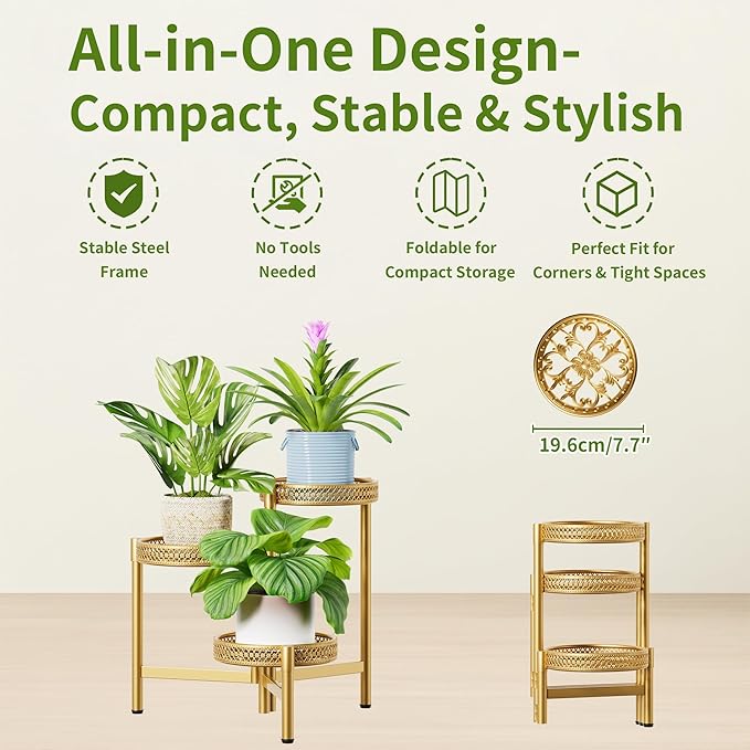 Metal Plant Stand Indoor Outdoor, 3 Tier Corner Tall Plant Shelf for Multiple Plants, Tiered Plant Stand, Heavy Duty Flower Holder, Folding Tall Rack for Garden Patio Balcony - GoldWave Rootora