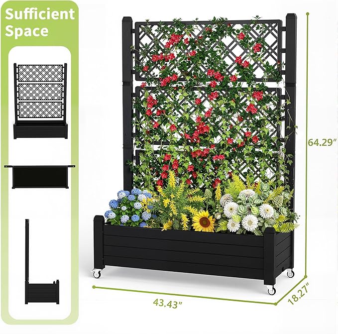 Raised Garden Bed with Trellis, 21 Gallon Self Watering Planter Box with Lockable Wheels & Drainage Holes for Climbing Plants Vegetables Flowers, Anti-Rust Resin for Backyard Patio (Black) OutdoorLivingPerfected