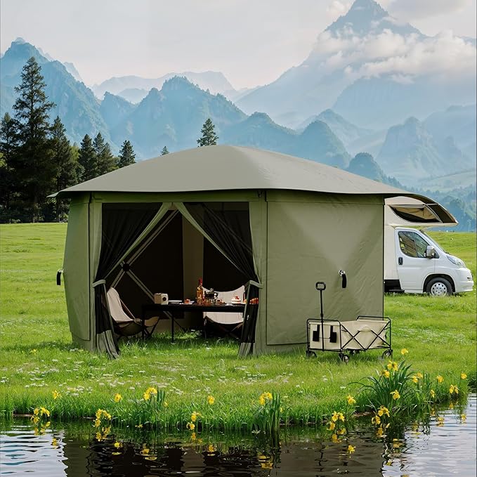 11.5x11.5FT 6-Sided Pop Up Gazebo Tent，One-Push Setup Canopy Tent with Mesh Panels & Removable Wind Cloths, Outdoor shelter for Camping, Backyard Parties, Outdoor Events - Army Green GarveeLife