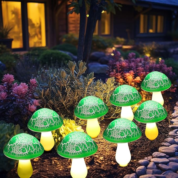Solar Mushroom Lights Garden Decor 8 Green Crack Mushrooms Outdoor Decor Stake Lights Waterproof Solar Pathway Light Gardening Gifts for St Patrick's Day Easter Gnomes Yard Halloween Xmas Decorations Viewpick