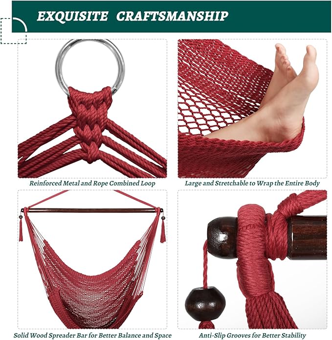 Bathonly Large Hammock Chair with Spreader Bar, Caribbean Hammock Swing Chair, XL Hammock Chair Outdoor Indoor, 330 LBS Weight Capacity, Red Bathonly