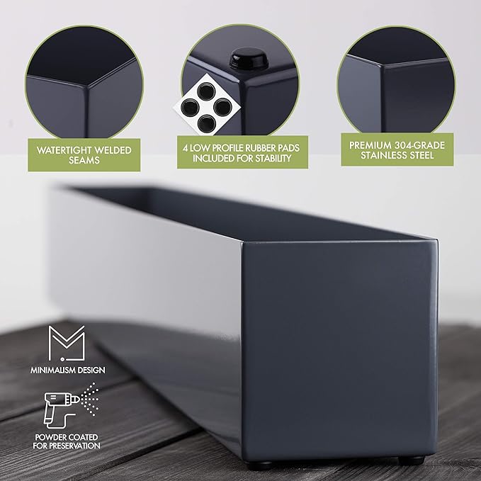 DR&Co Modern Grey Rectangle Planter Box, 16" Metal Planter Perfect for Succulent, Narrow Box for Table or Window Sill, Rectangular Stainless Steel Long DRCo