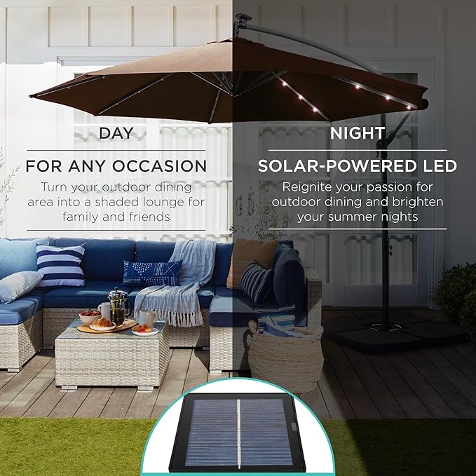 Best Choice Products 10ft Solar LED Offset Cantilever Hanging Market Patio Umbrella, 8 Sturdy Ribs, Easy Adjustment - Brown BestChoiceProducts