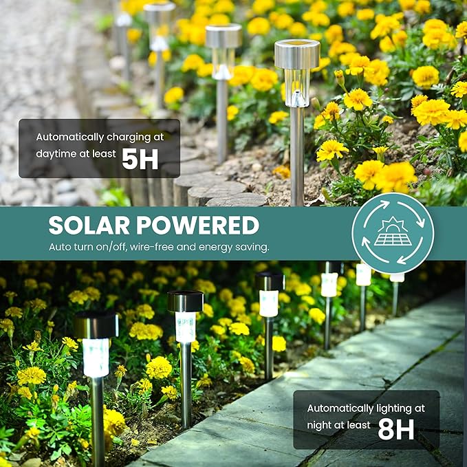 GIGALUMI 24 Pack Solar Path Lights Outdoor,Solar Lights Outdoor Waterproof,Stainless Steel LED Landscape Lighting,Solar Garden Lights for Driveway,Pathway,Patio,Yard GIGALUMI