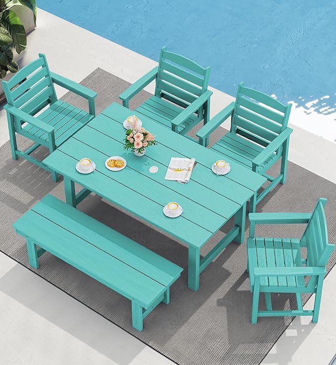 SERWALL Outdoor Dining Set for 6, HDPE Dining Furniture Set with Umbrella Hole Cut-Out Table and 1 Dining Bench and 4 Chairs, All Weather Outdoor Dining Bench Sets, Aruba SERWALL