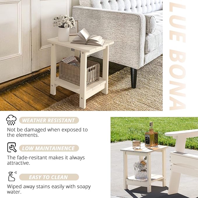 LUE BONA Adirondack Outdoor Side Table, 2-Tier Sand HDPS Patio End Table Weather Resistant, Morden Side Table for Patio, Pool, Porch LUEBONA