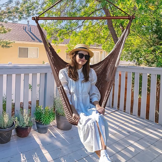 Upgraded Caribbean Hammock Chair with Detachable Metal Bar, Large Hammock Swing Chair, XL Rope Hanging Chair for Outdoor Indoor, 330 LBS Weight Capacity, SaddleBrown Bathonly
