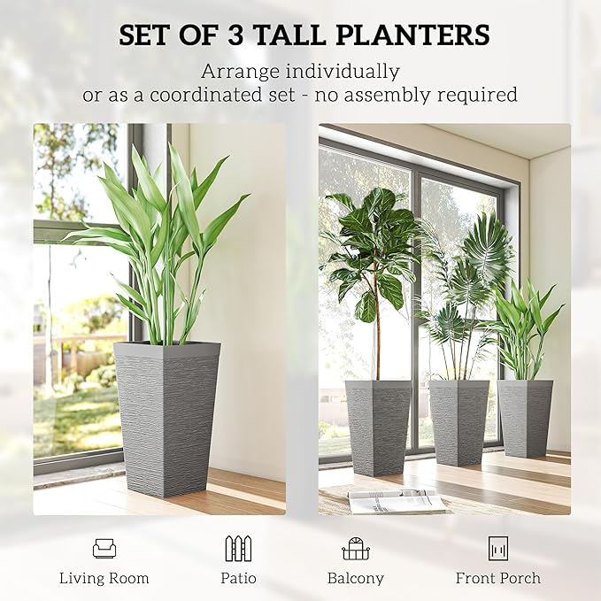 Outsunny 22.8 Inch Tall Planters for Outdoor Plants, Set of 3 Plastic Flower Pots with Stone Finish and Wheels, Stackable Tapered Planters with Drainage Hole for Indoor Plants, Front Porch, Gray Outsunny