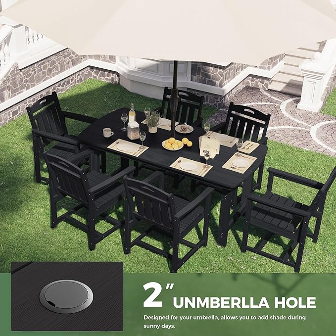 HDPE Outdoor Dining Set, Patio Table and Chairs Set, All-Weather 7-Piece Outside Table and 6 Chairs, 2" Umbrella Hole, Outdoor Furniture for Garden, Poolside, Backyard, Deck | Black Suunyn