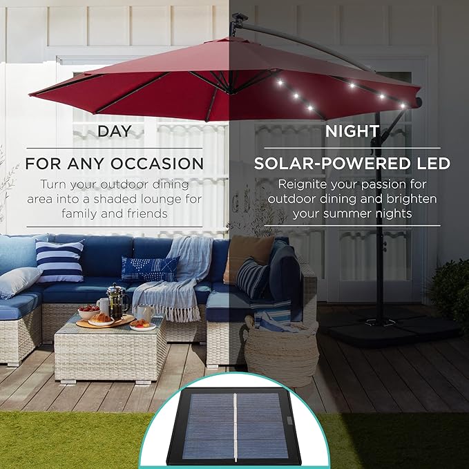 Best Choice Products 10ft Solar LED Offset Cantilever Hanging Market Patio Umbrella, 8 Sturdy Ribs, Easy Adjustment - Burgundy BestChoiceProducts