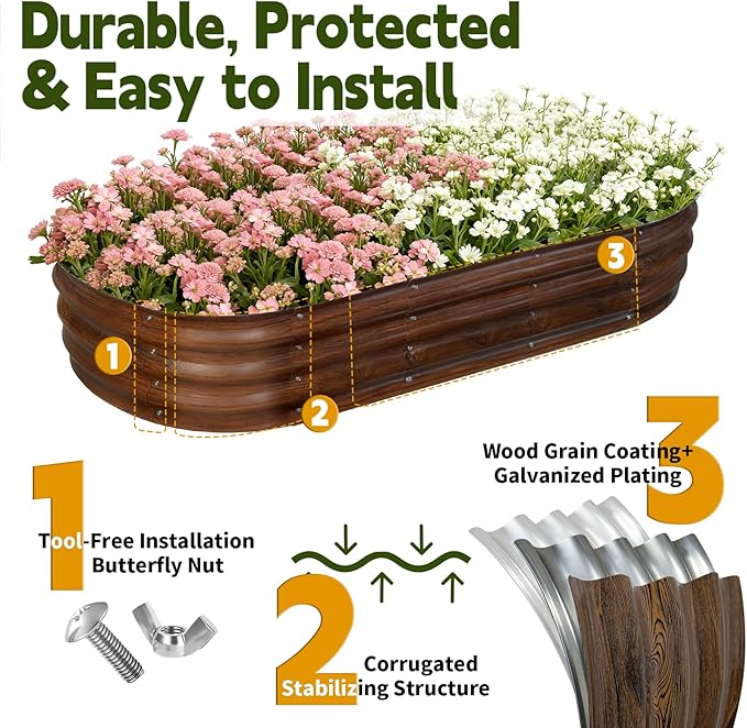 Galvanized Raised Garden Bed Outdoor, Large Raised Bed for Gardening, 6x3x1ft Oval Metal Planter Box for Vegetables, Fruits, Flowers, Dark Brown Wood Grain VivaGarden