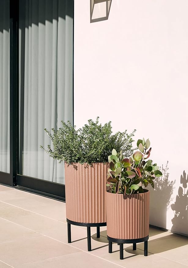 Veradek Demi Series Round Planter w/Stand for Porch/Patio | Durable Plastic-Stone Composite & Wooden Stand | Modern Décor for Tall Plants, Flowers VeradekOutdoor