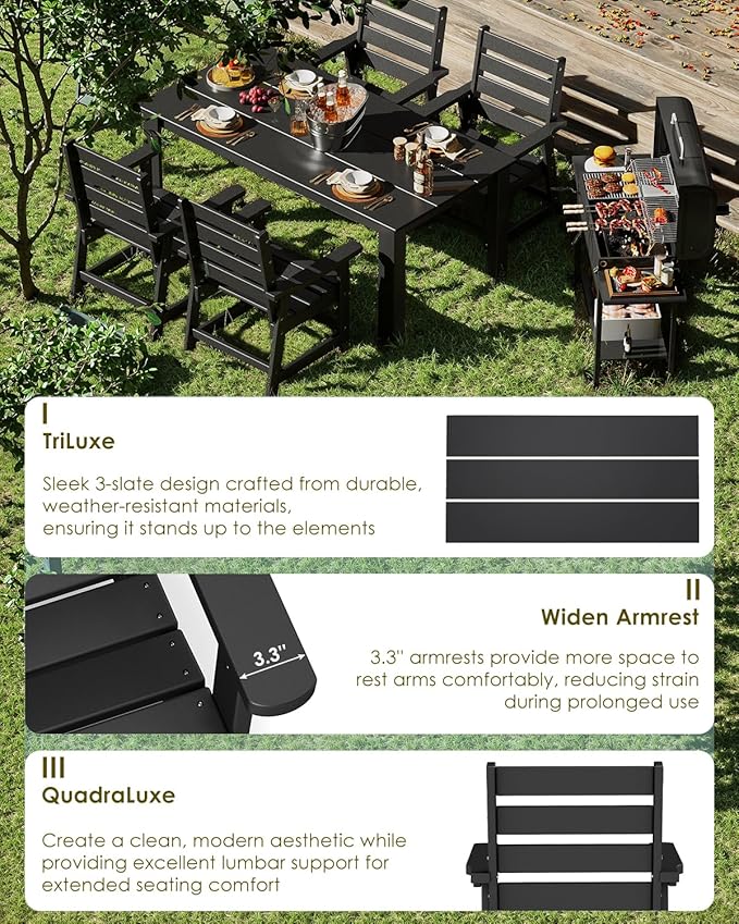 GREENVINES 5-Piece Outdoor Dining Set | HDPE | Patio Table and Chairs Sets for 4 | Patio Furniture | All Weather | Umbrella Hole | Black | for Backyard Poolside Garden GreenVines