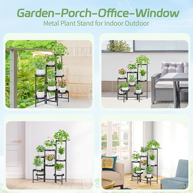 iDavosic.ly Plant Stand Indoor Outdoor, 8 Tier Corner Metal Flower Display Holder Shelf, Easy Assembly Folding Tall Orchid Rack for Patio Balcony Porch Garden Living Room House, Black iDavosicly