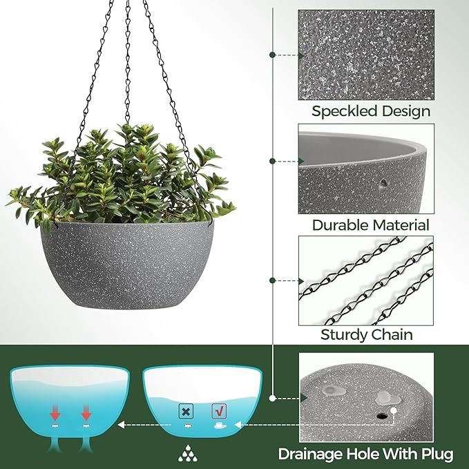 T4U Hanging Planters for Indoor Outdoor Plants 2 Pack - 12 Inch Grey Hanging Plant Basket with Drainage Hole, Round Hanging Flower Plant Pot for Garden Home Decor(Grey) T4U