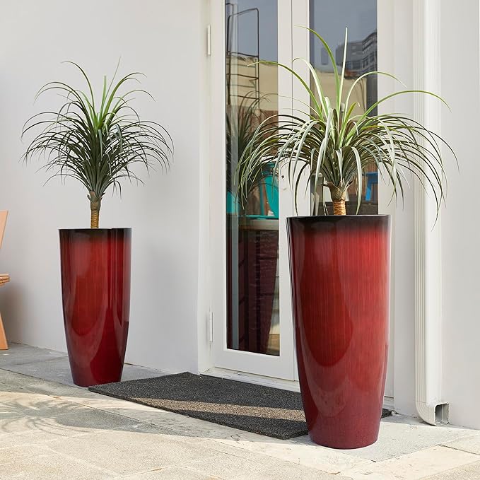 Glitzhome 30" H Oversized Tall Planter, Set of 2 Large Outdoor Planters with Drainage Holes, Gradient Red Faux Ceramic Finish, Large Flower Pots Plastic Plant Pots for Indoor Outdoor Front Door Patio Glitzhome