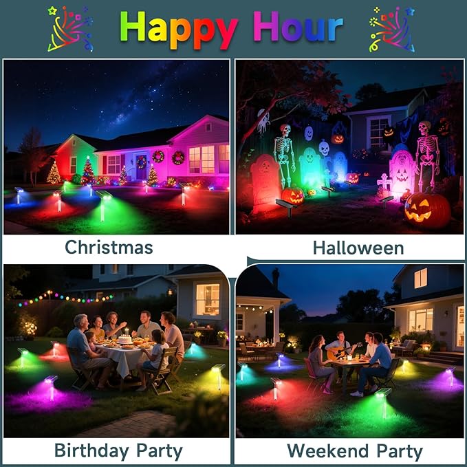 RGB Solar Spot Lights : 2 IN 1 Solar Lights Outdoor with 8 Lighting Modes & PC Light Guide Column for Tree Garden Yard Pathway | RGB Color Changing Landscape Lights | IP65 Waterproof | 12 Pack Rootora