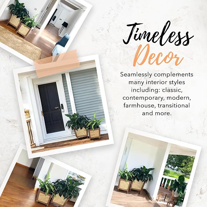 Autumn Alley Rustic Boho Large Indoor Planter - Rattan Planter Boxes Outdoor Set of 2 – Wooden Indoor or Outdoor Plant Box Stands – Decorative Square Woven Rattan Flower Pots for Home & Office AutumnAlley