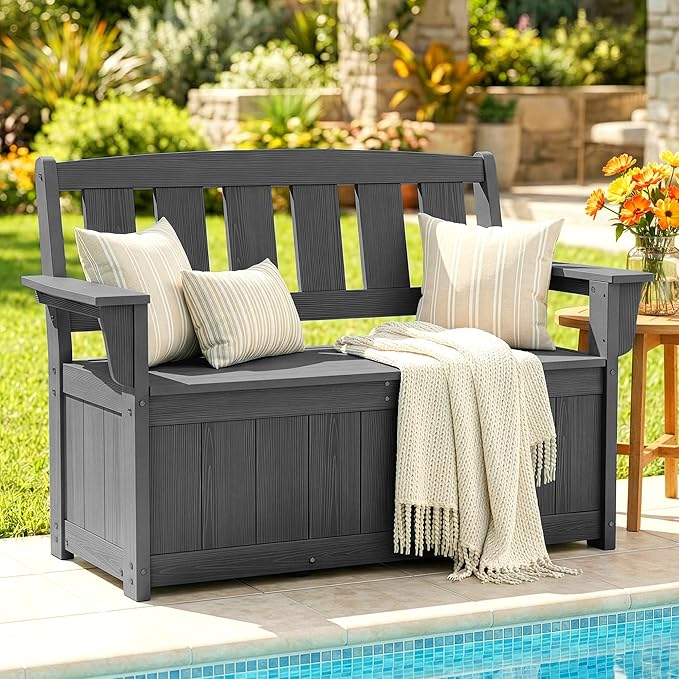SERWALL HDPE Outdoor Storage Bench, All-Weather, UV-Resistant Deck Box with Waterproof Storage Bags, 57 Gallon Dual-Use Seat & Organizer Deck Boxes for Patio, Garden Tools & Pool (Gray) SERWALL