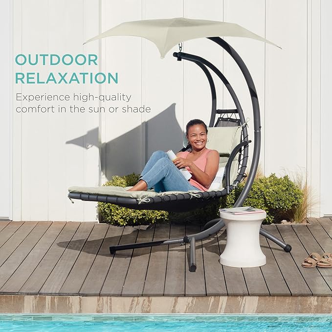 Best Choice Products Outdoor Hanging Curved Steel Chaise Lounge Chair Swing w/Built-in Pillow and Removable Canopy - Ivory BestChoiceProducts