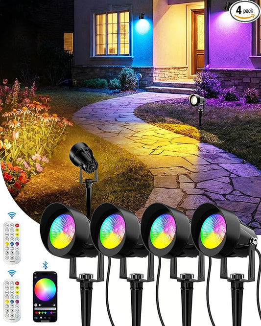 CORESLUX Smart RGBW Spot Lights Outdoor, Color Changing Warm White Landscape Lights with APP and Remote Control, Spotlight Waterproof for Garden Yard Patio Landscape, 4 Pack CORESLUX
