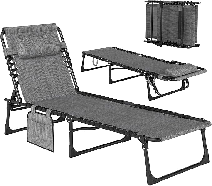 Outsunny Chaise Lounge Chair Outdoor, 5-Position Adjustable Sun Tanning Chair with Carrying Handle and Side Pocket, Folding Bed Cot with Removable Pillow for Garden, Beach, Patio, Pool, Camp, Gray Outsunny