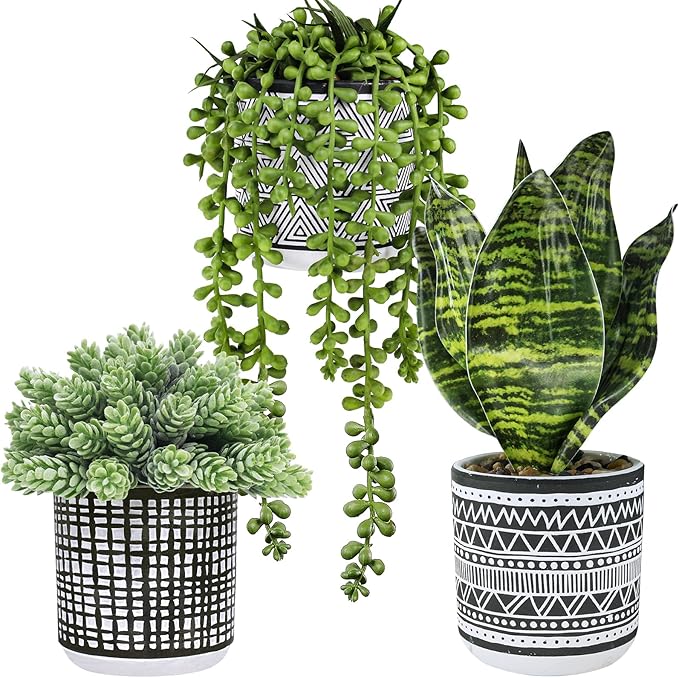 Winlyn 3 Pcs Small Potted Plants Artificial Succulents Hanging Plants and Faux Tropical Snake Plant in Black Geometric Pots for Modern Home Kitchen Windowsill Table Shelf Indoor Outdoor Greenery Decor Winlyn